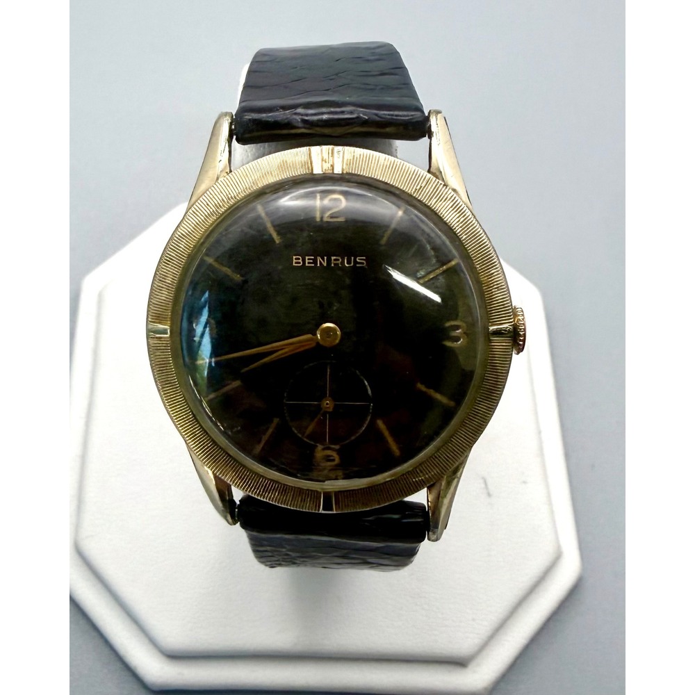 Vintage Benrus 17 Jewel Mechanical Watch 10K RGP Bezel‎ Black Dial Running